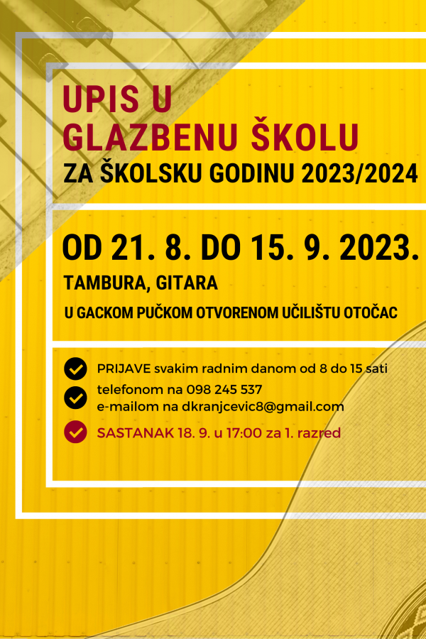 UPIS U OSNOVNU GLAZBENU ŠKOLU 2023/2024