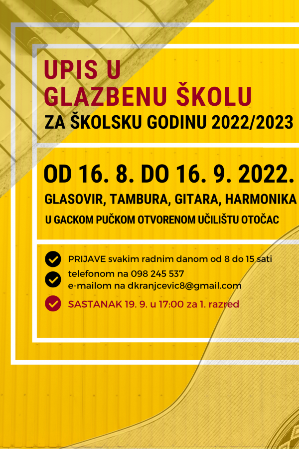 UPIS U OSNOVNU GLAZBENU ŠKOLU 2022/2023