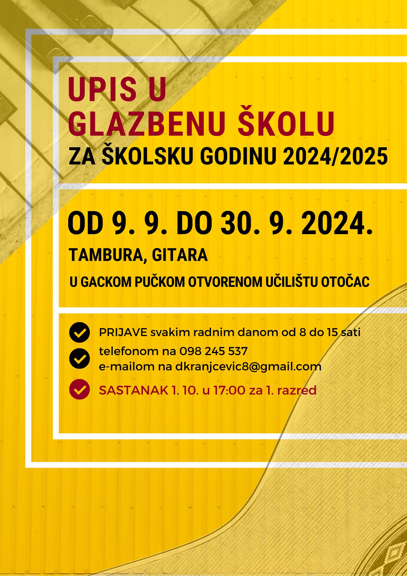 Gacko pučko otvoreno učilište Otočac - Upis u glazbenu školu